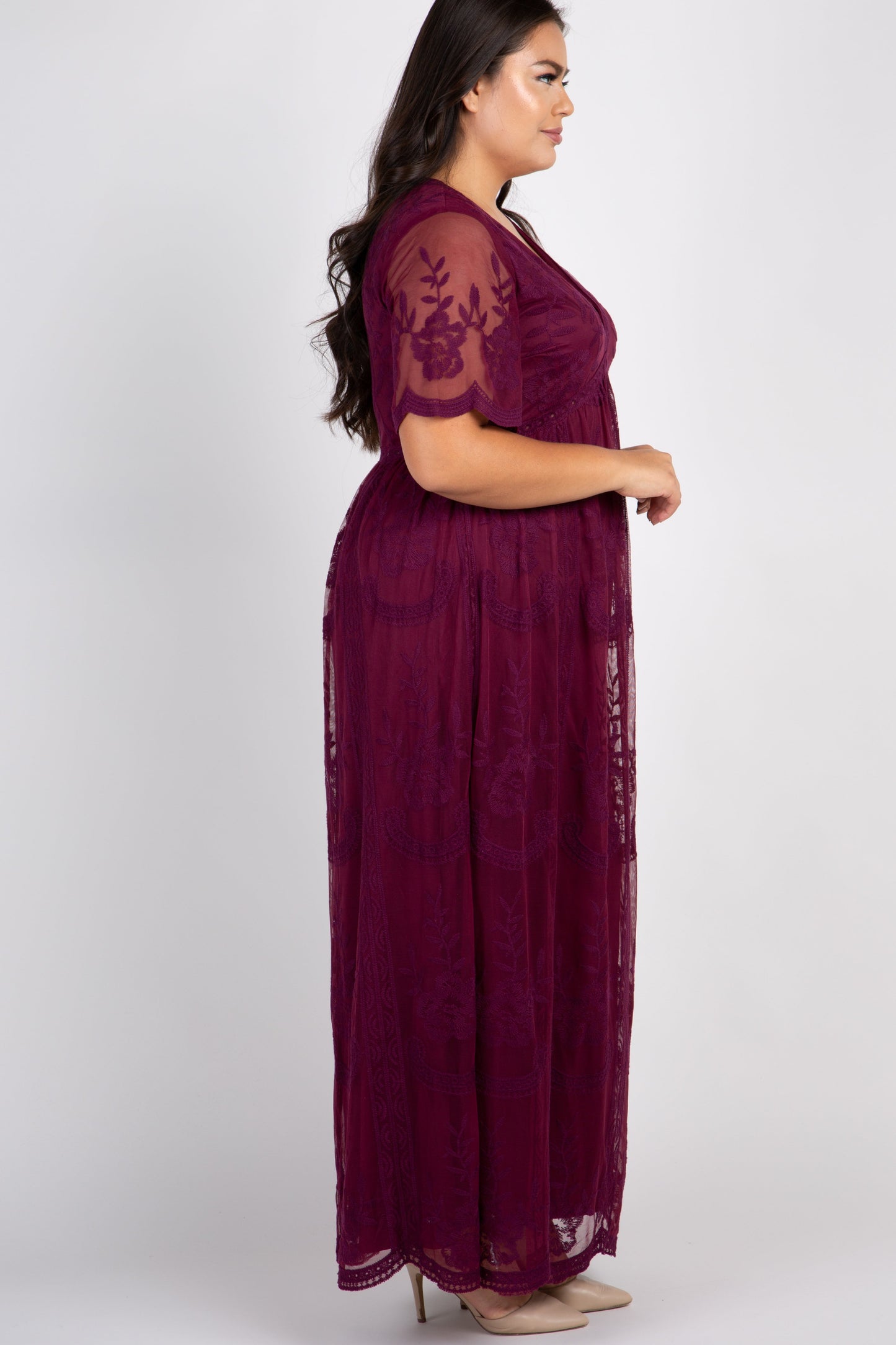 PinkBlush Burgundy Lace Mesh Overlay Plus Maxi Dress