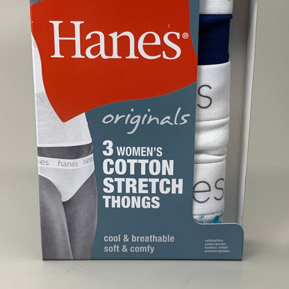 HANES 3 PACK!! Originals Women's Breathable Cotton Stretch Thongs Underwear Sz 8/XL Navy/White/Floral 45U0BT
