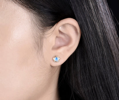 Round cut natural moonstone stud earrings 14k yellow gold Floral flower 5 prong art deco pierced earrings anniversary gift for women