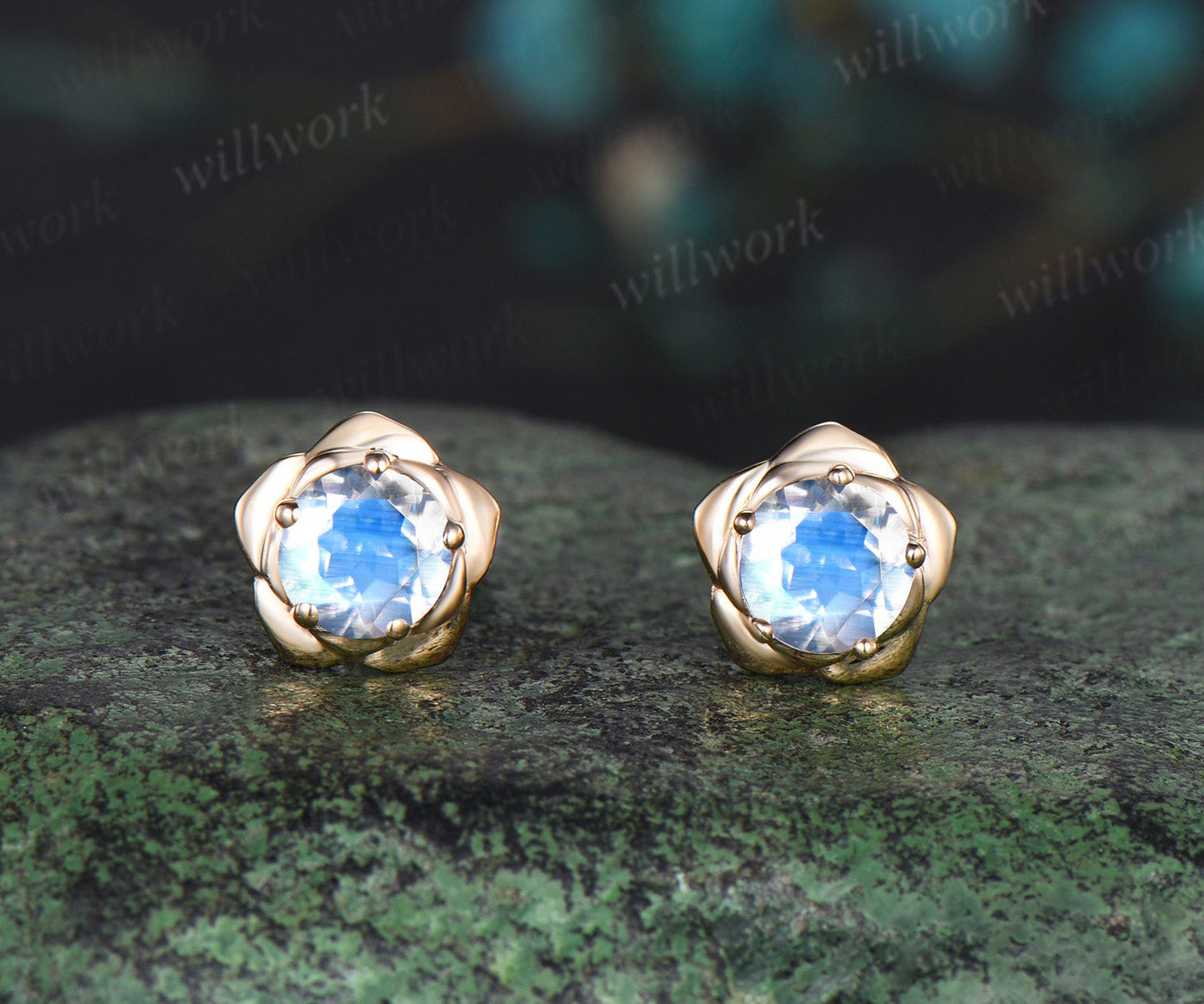 Round cut natural moonstone stud earrings 14k yellow gold Floral flower 5 prong art deco pierced earrings anniversary gift for women
