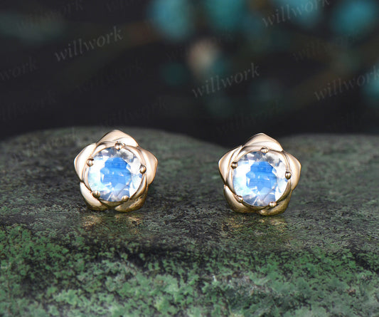 Round cut natural moonstone stud earrings 14k yellow gold Floral flower 5 prong art deco pierced earrings anniversary gift for women