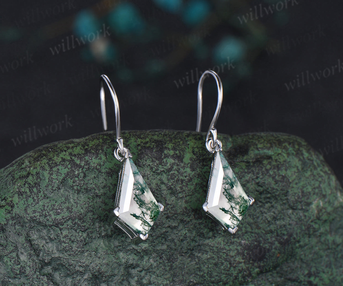Kite cut moss agate stud earrings solid 14k white gold Solitaire Minimalist earrings anniversary gift for women