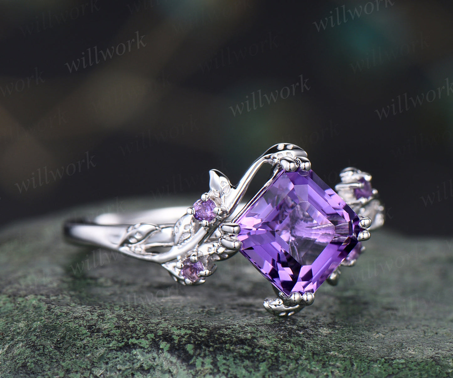 Asscher  cut amethyst engagement ring vintage purple gemstone promise ring nature inspired leaf wedding ring February birthstone jewelry for women