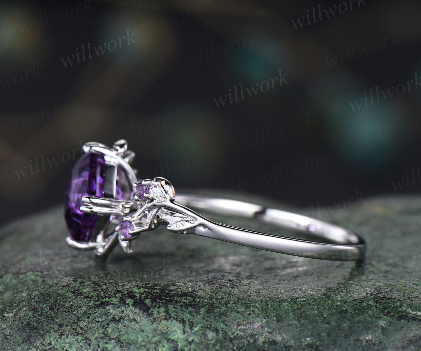 Asscher  cut amethyst engagement ring vintage purple gemstone promise ring nature inspired leaf wedding ring February birthstone jewelry for women