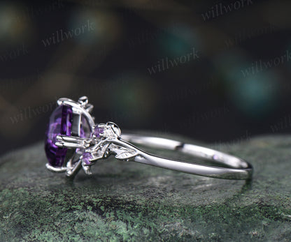 Asscher  cut amethyst engagement ring vintage purple gemstone promise ring nature inspired leaf wedding ring February birthstone jewelry for women