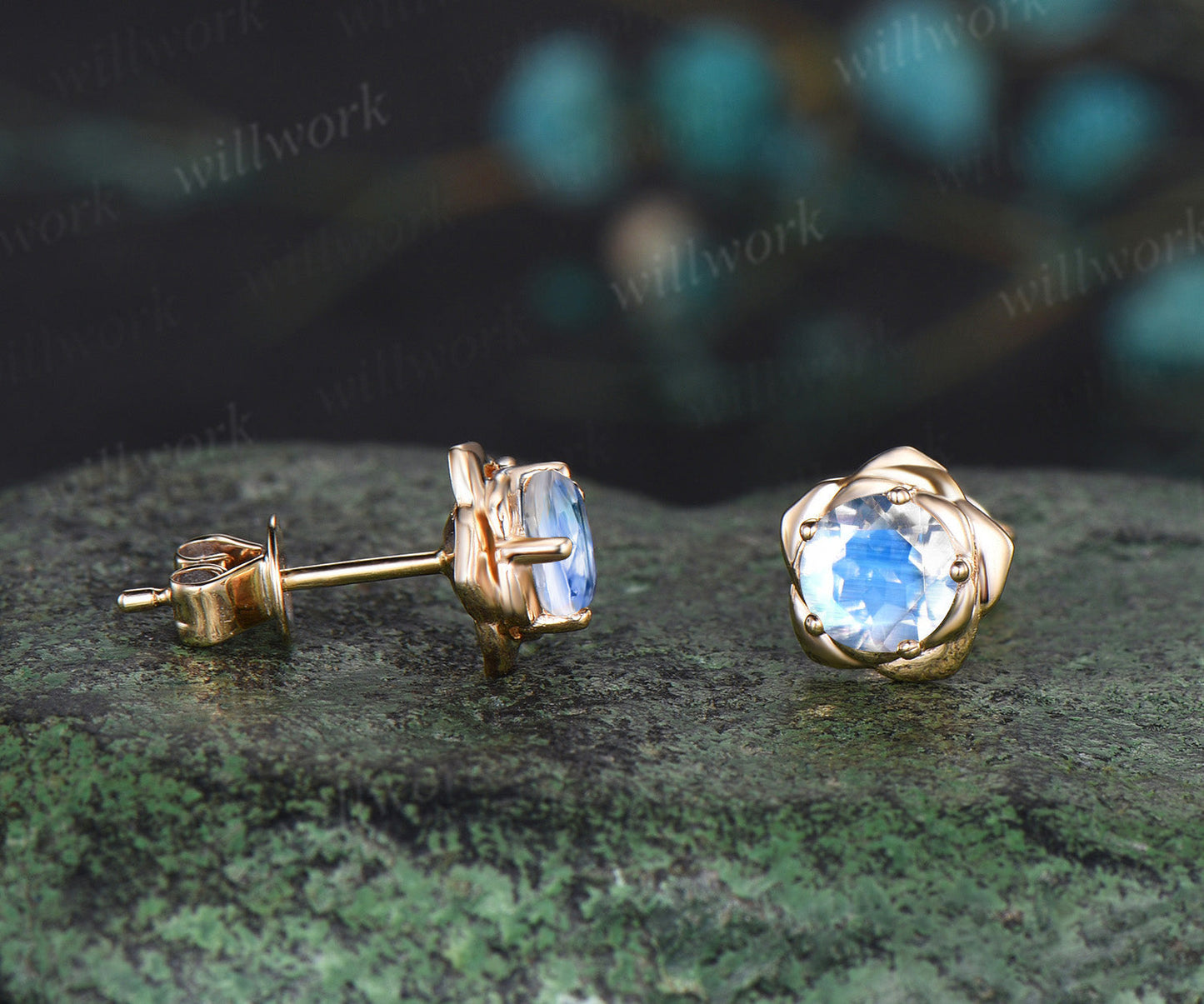 Round cut natural moonstone stud earrings 14k yellow gold Floral flower 5 prong art deco pierced earrings anniversary gift for women