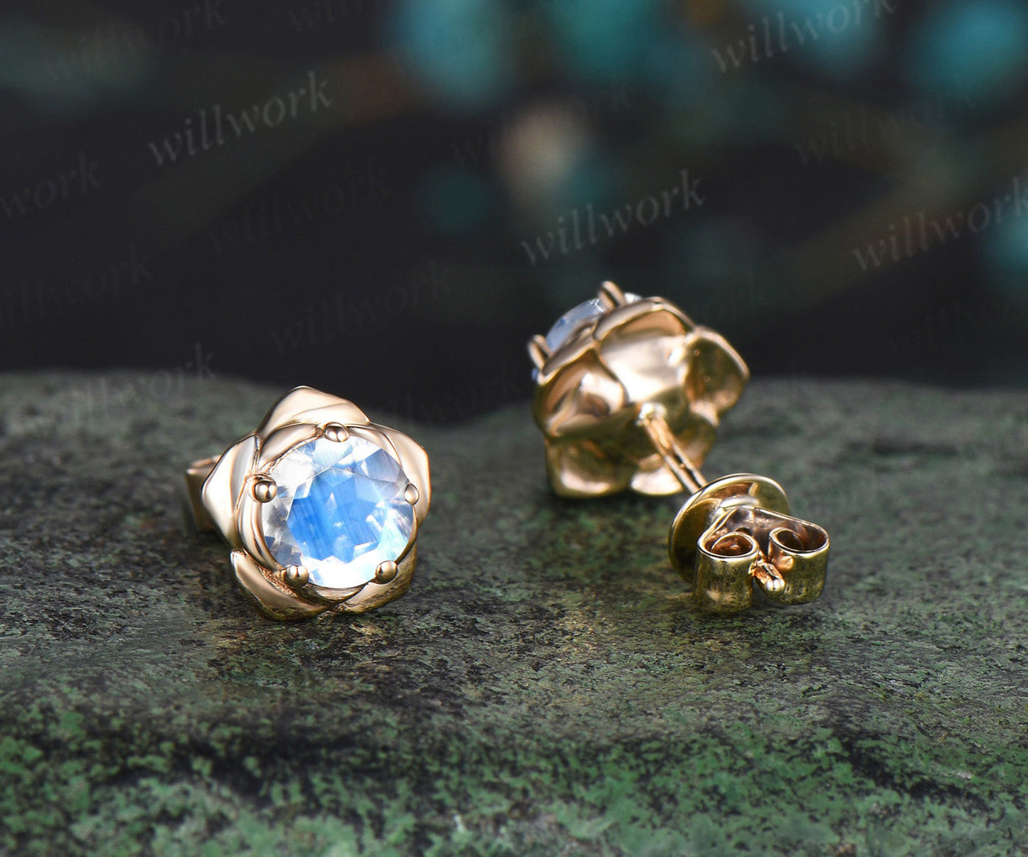 Round cut natural moonstone stud earrings 14k yellow gold Floral flower 5 prong art deco pierced earrings anniversary gift for women