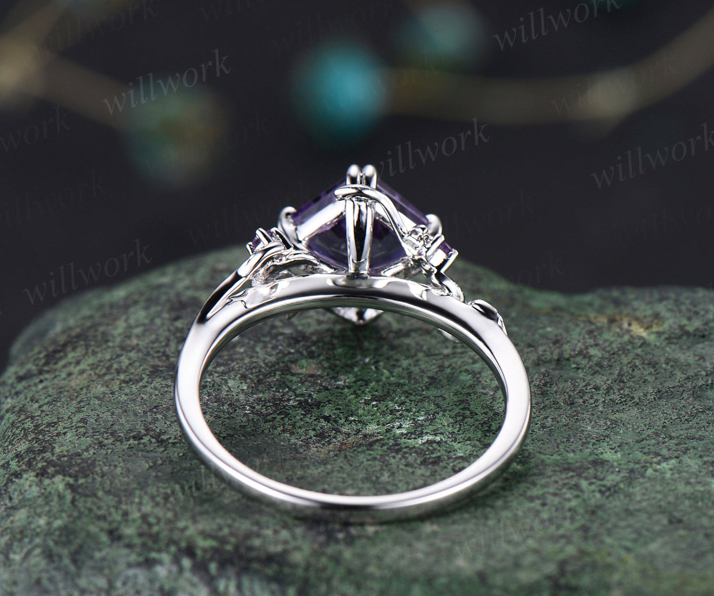 Asscher  cut amethyst engagement ring vintage purple gemstone promise ring nature inspired leaf wedding ring February birthstone jewelry for women