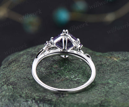 Asscher  cut amethyst engagement ring vintage purple gemstone promise ring nature inspired leaf wedding ring February birthstone jewelry for women