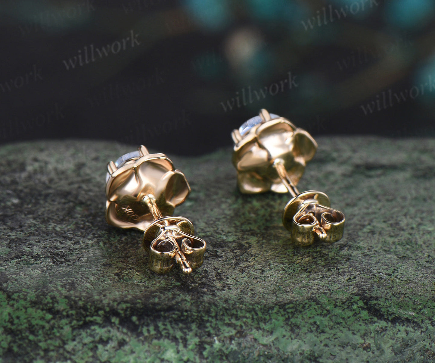 Round cut natural moonstone stud earrings 14k yellow gold Floral flower 5 prong art deco pierced earrings anniversary gift for women