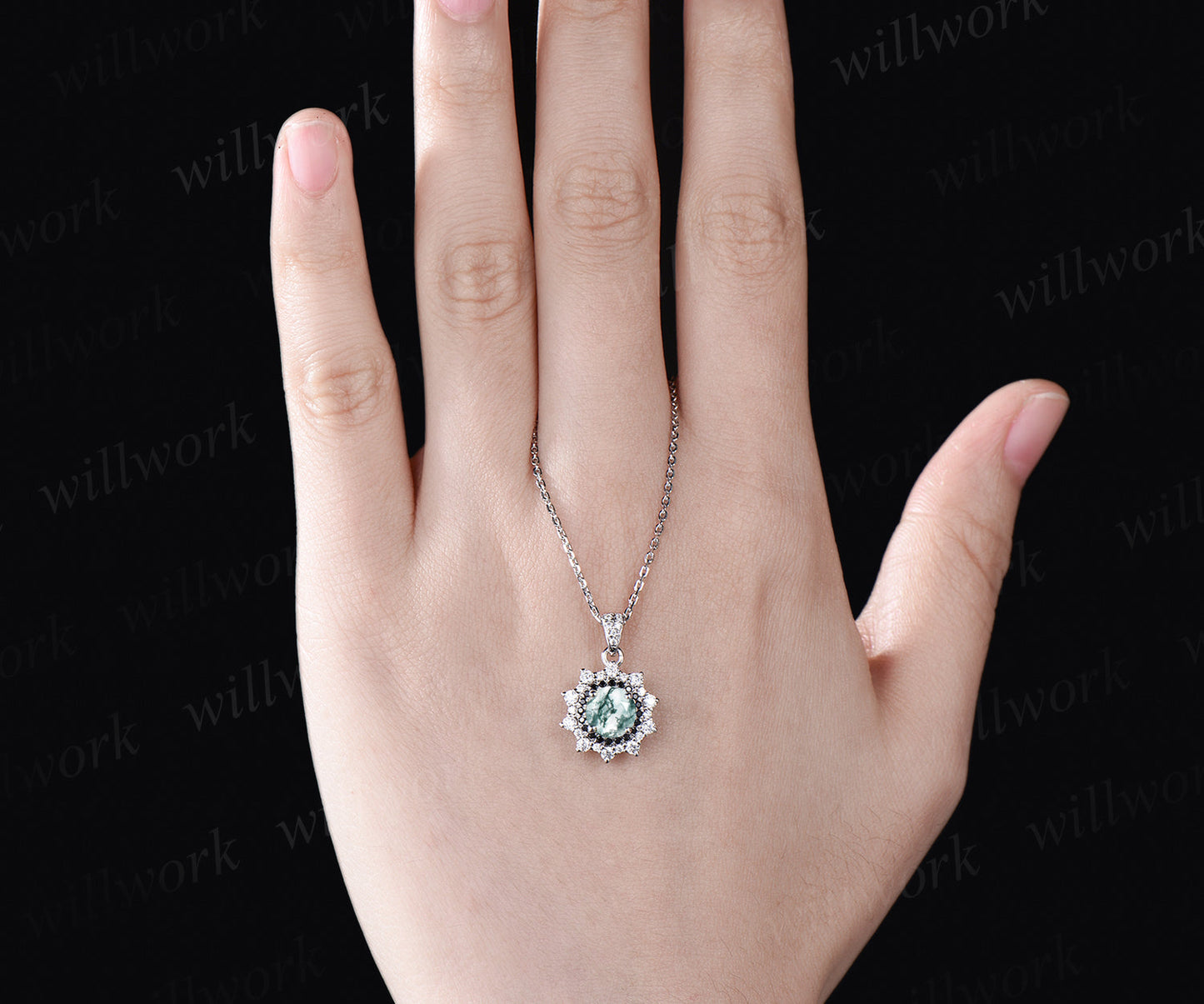 Minimalist Round Moss Agate Necklace Unique 14k White Gold Double Halo Pendant Diamond Black Spinel Moissanite Bridal Promise Necklace Gift
