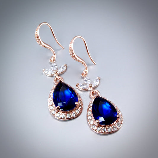Skye - Rose Gold and Sapphire Blue Cubic Zirconia Bridal Earrings