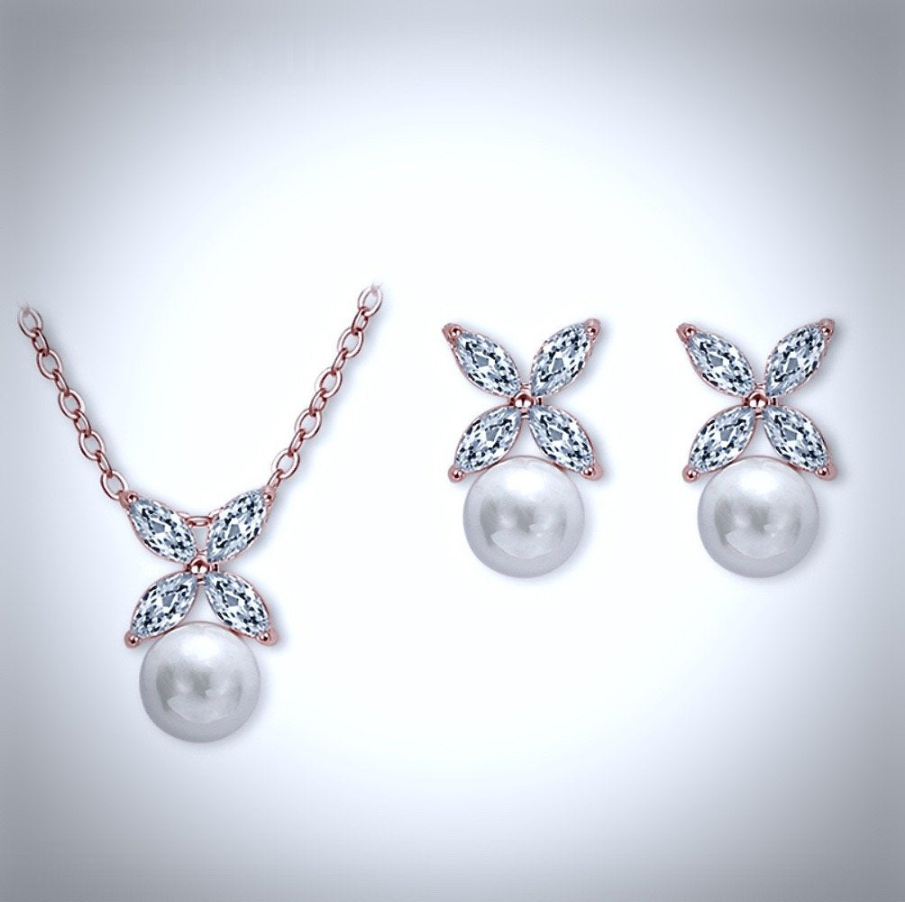 Heidi - Pearl and Cubic Zirconia Jewelry Set - Available in Rose Gold and Silver