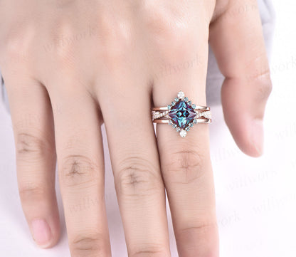 3pcs Alexandrite bridal set princess cut Alexandrite engagement ring set 14k rose gold vintage diamond ring Alexandrite stack wedding band