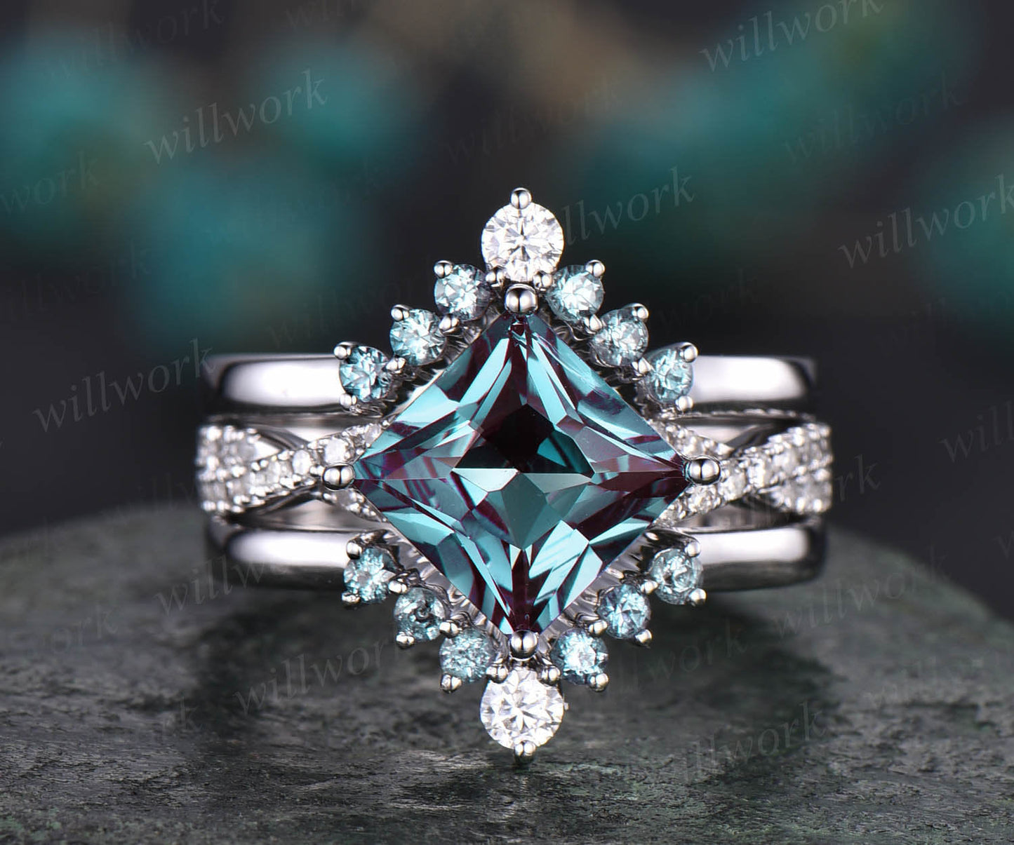 3pcs Alexandrite bridal set princess cut Alexandrite engagement ring set 14k rose gold vintage diamond ring Alexandrite stack wedding band