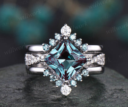 3pcs Alexandrite bridal set princess cut Alexandrite engagement ring set 14k rose gold vintage diamond ring Alexandrite stack wedding band