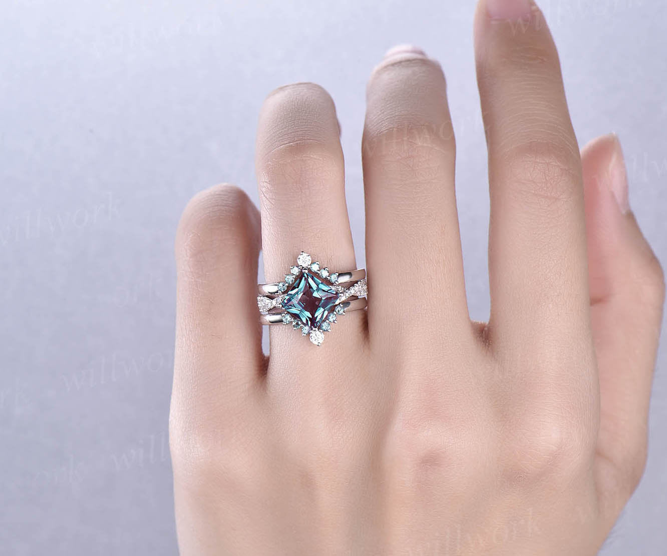 3pcs Alexandrite bridal set princess cut Alexandrite engagement ring set 14k rose gold vintage diamond ring Alexandrite stack wedding band