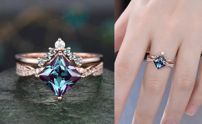3pcs Alexandrite bridal set princess cut Alexandrite engagement ring set 14k rose gold vintage diamond ring Alexandrite stack wedding band