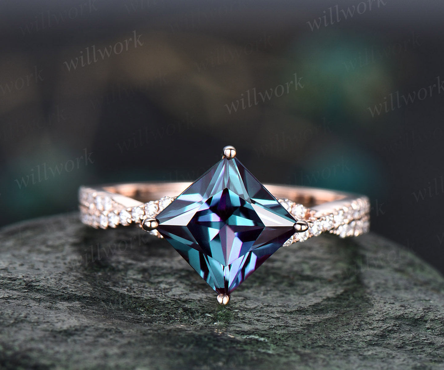 3pcs Alexandrite bridal set princess cut Alexandrite engagement ring set 14k rose gold vintage diamond ring Alexandrite stack wedding band