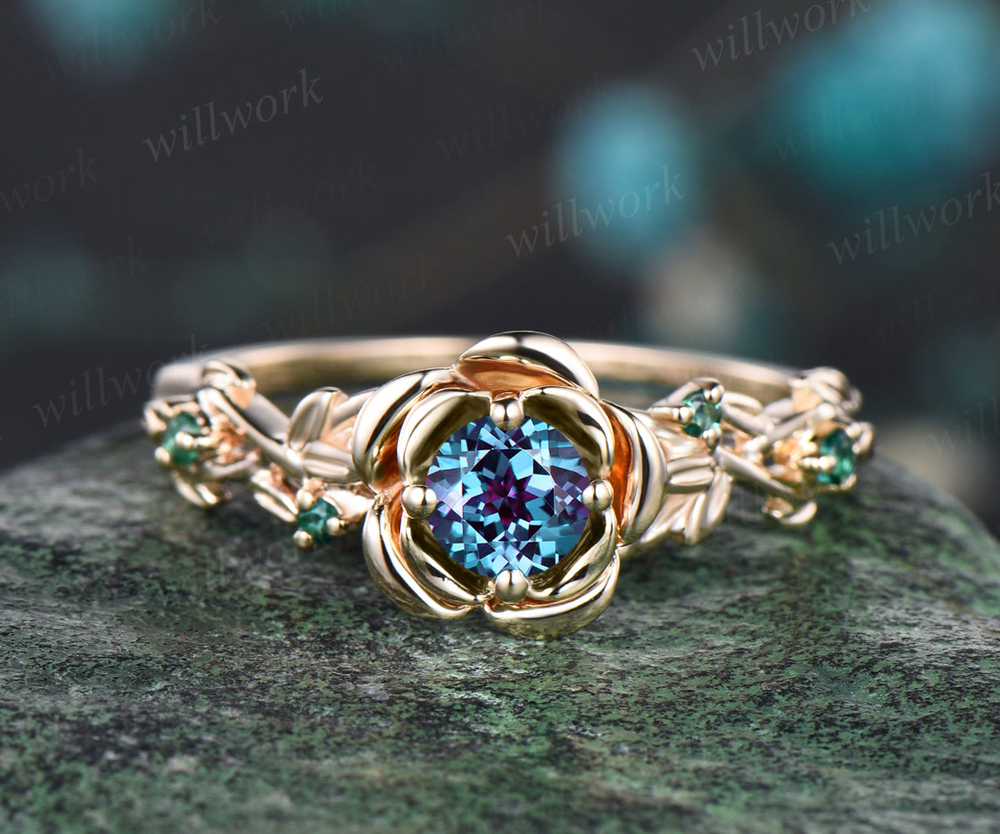 Art Deco June Birthstone Round Alexandrite Engagement Ring Set Emerald Amethyst Leaf Floral Vine Twig Branch Nature Inspired Ring Rose Flower Bridal Ring
