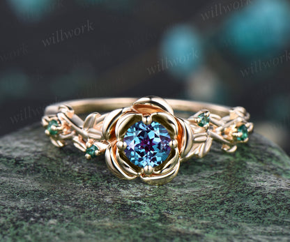 Art Deco June Birthstone Round Alexandrite Engagement Ring Set Emerald Amethyst Leaf Floral Vine Twig Branch Nature Inspired Ring Rose Flower Bridal Ring