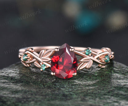 July Birthstone Teardrop Ruby Engagement Ring Set Unique Round Emerald Wedding Ring Leaf Vine Twig Branch Floral Nature Inspired 2pcs Bridal Ring Set