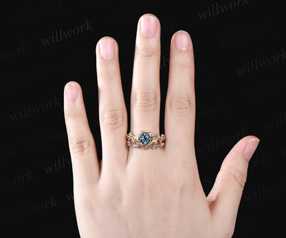 Art Deco June Birthstone Round Alexandrite Engagement Ring Set Emerald Amethyst Leaf Floral Vine Twig Branch Nature Inspired Ring Rose Flower Bridal Ring