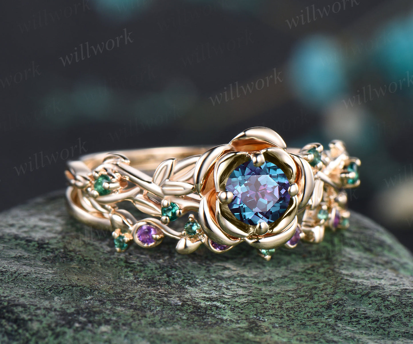 Art Deco June Birthstone Round Alexandrite Engagement Ring Set Emerald Amethyst Leaf Floral Vine Twig Branch Nature Inspired Ring Rose Flower Bridal Ring