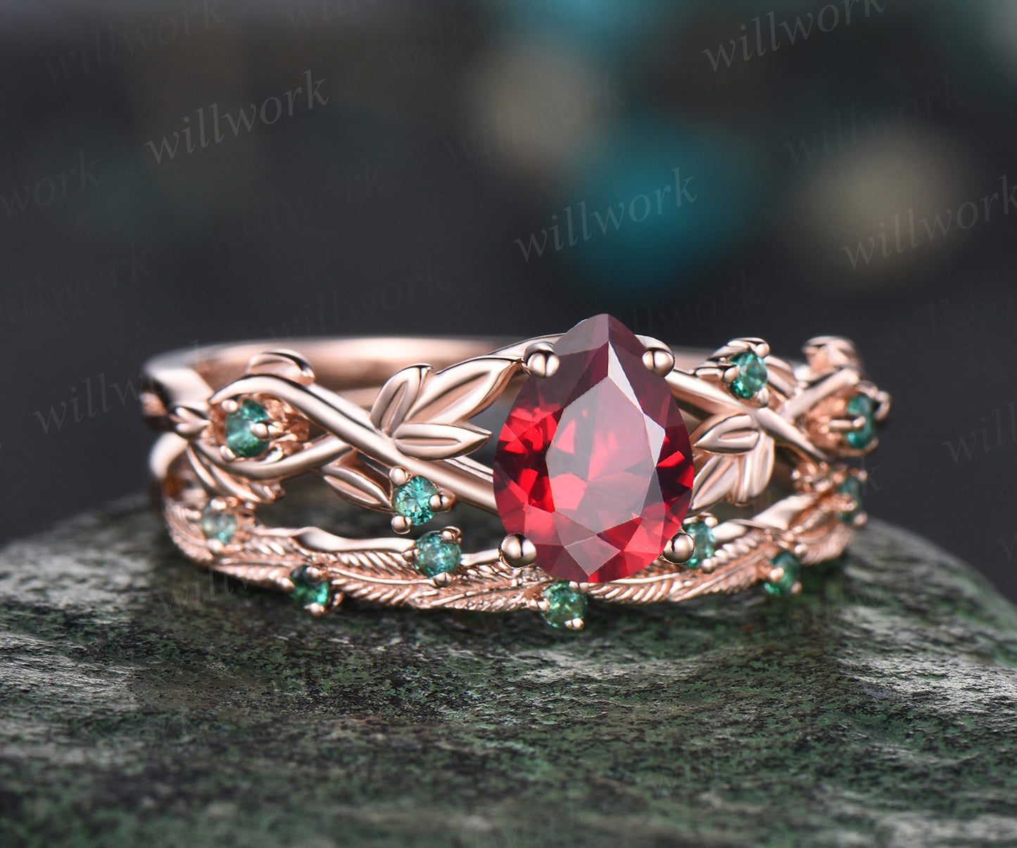 July Birthstone Teardrop Ruby Engagement Ring Set Unique Round Emerald Wedding Ring Leaf Vine Twig Branch Floral Nature Inspired 2pcs Bridal Ring Set