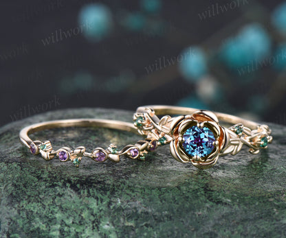 Art Deco June Birthstone Round Alexandrite Engagement Ring Set Emerald Amethyst Leaf Floral Vine Twig Branch Nature Inspired Ring Rose Flower Bridal Ring