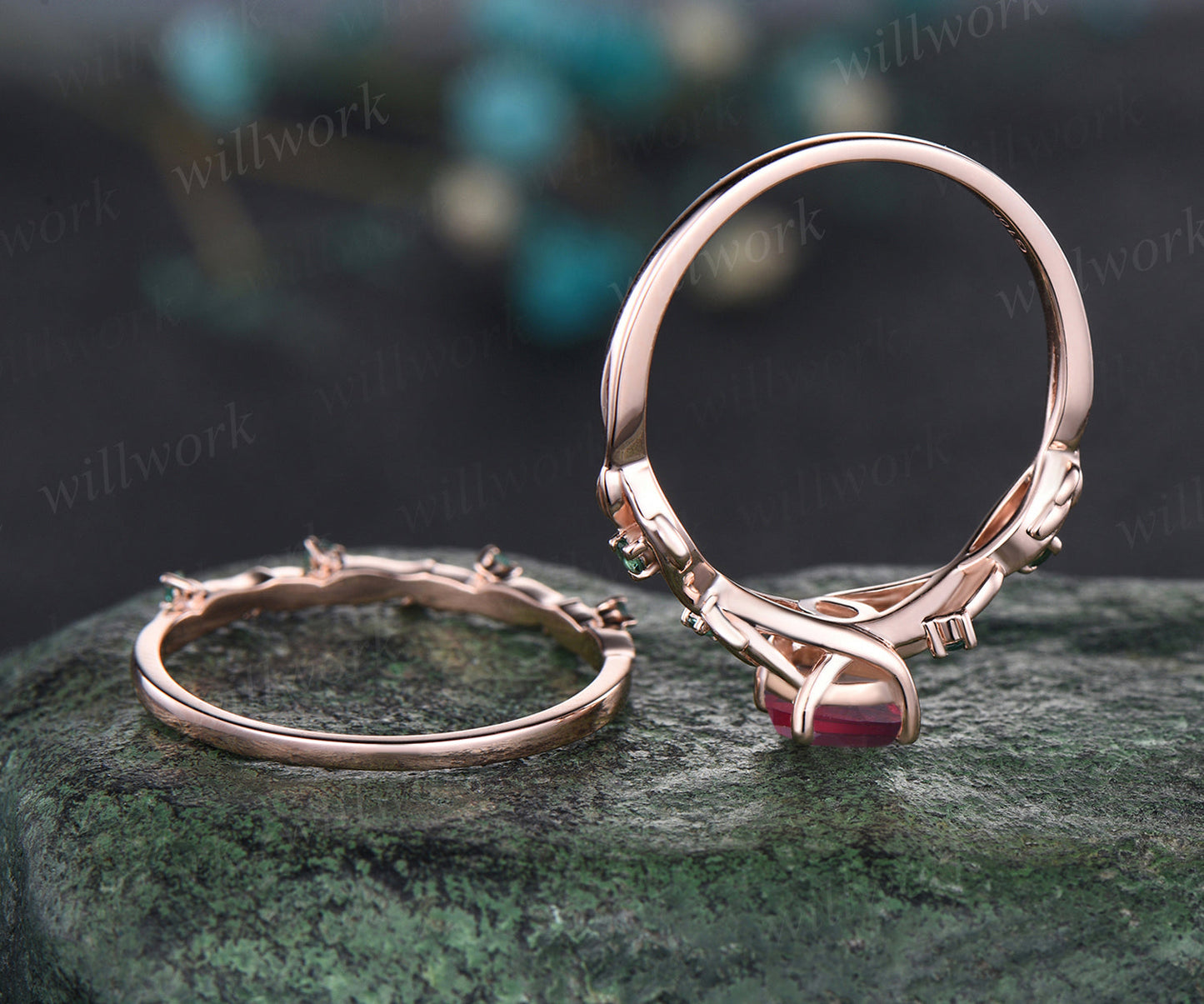 July Birthstone Teardrop Ruby Engagement Ring Set Unique Round Emerald Wedding Ring Leaf Vine Twig Branch Floral Nature Inspired 2pcs Bridal Ring Set