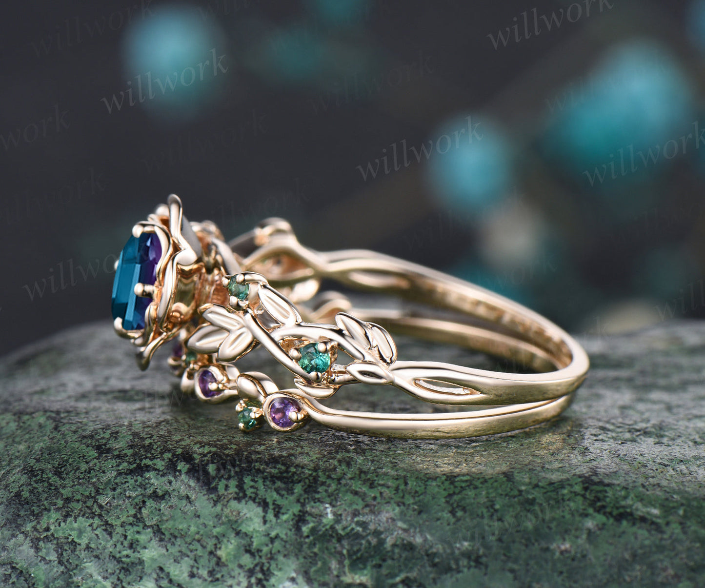 Art Deco June Birthstone Round Alexandrite Engagement Ring Set Emerald Amethyst Leaf Floral Vine Twig Branch Nature Inspired Ring Rose Flower Bridal Ring
