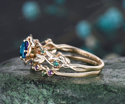 Art Deco June Birthstone Round Alexandrite Engagement Ring Set Emerald Amethyst Leaf Floral Vine Twig Branch Nature Inspired Ring Rose Flower Bridal Ring