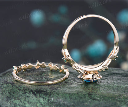 Art Deco June Birthstone Round Alexandrite Engagement Ring Set Emerald Amethyst Leaf Floral Vine Twig Branch Nature Inspired Ring Rose Flower Bridal Ring