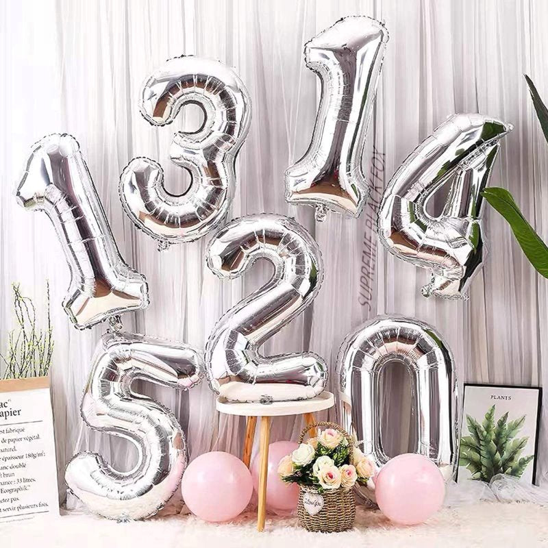 40in Silver Number Balloons - Large Numbers Foil 40" Digit Giant Jumbo Balloon Birthday Anniversary
