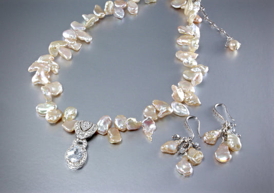 "Maura" - Keshi Pearls and Cubic Zirconia Bridal Necklace and Earrings Set