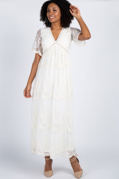 PinkBlush Cream Lace Mesh Overlay Maternity Maxi Dress