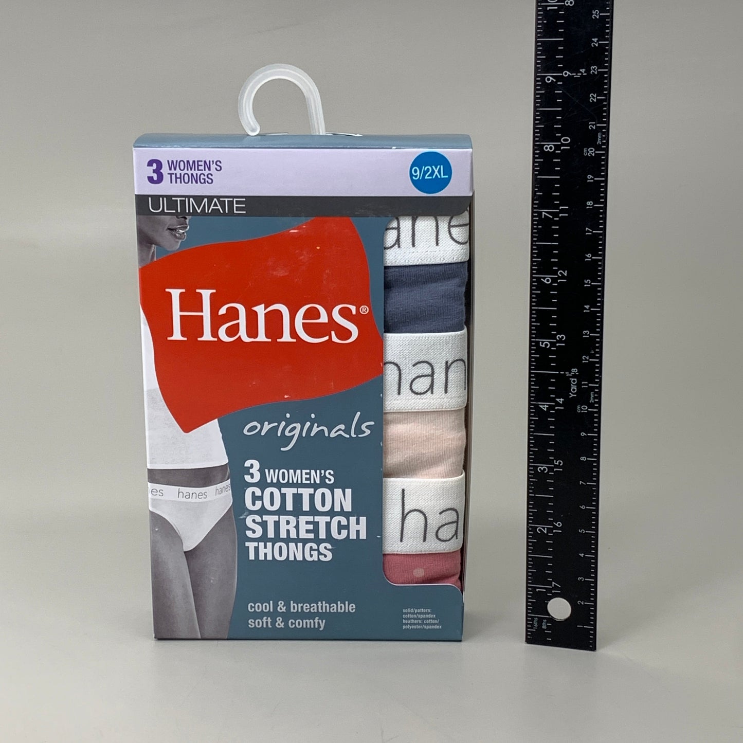 HANES 3 PACK!! Originals Women's Breathable Cotton Stretch Thongs Underwear Sz 9/2XLBlue/Buff/Pink 45OUBT