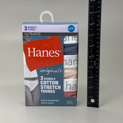 HANES 3 PACK!! Originals Women's Breathable Cotton Stretch Thongs Underwear Sz 9/2XLBlue/Buff/Pink 45OUBT