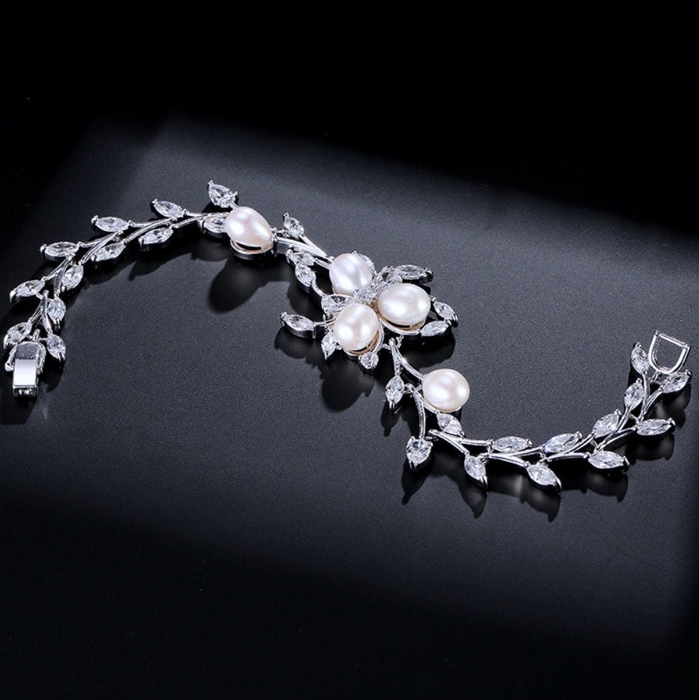 Anna - Freshwater Pearl and Cubic Zirconia Bridal Bracelet - Available in Silver, Rose Gold and Yellow Gold