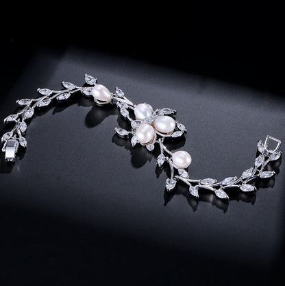 Anna - Freshwater Pearl and Cubic Zirconia Bridal Bracelet - Available in Silver, Rose Gold and Yellow Gold