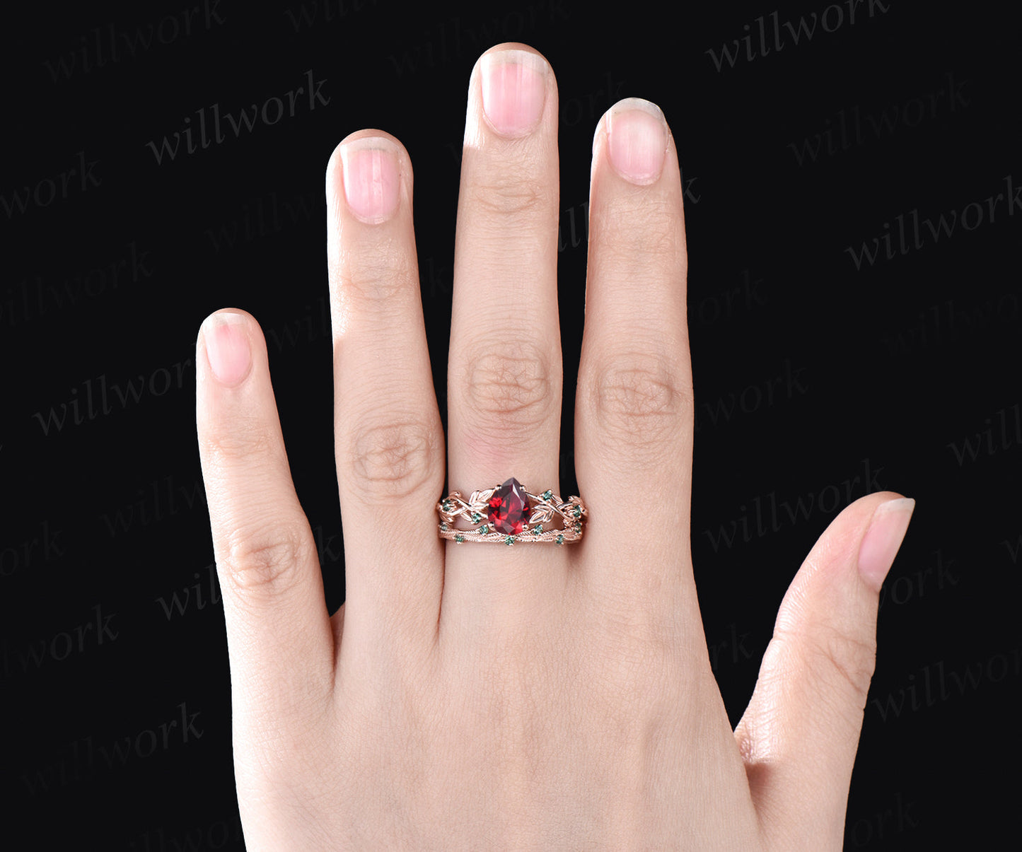 July Birthstone Teardrop Ruby Engagement Ring Set Unique Round Emerald Wedding Ring Leaf Vine Twig Branch Floral Nature Inspired 2pcs Bridal Ring Set