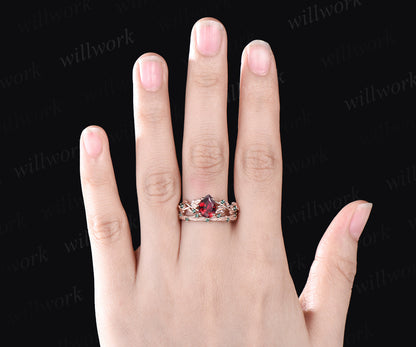 July Birthstone Teardrop Ruby Engagement Ring Set Unique Round Emerald Wedding Ring Leaf Vine Twig Branch Floral Nature Inspired 2pcs Bridal Ring Set