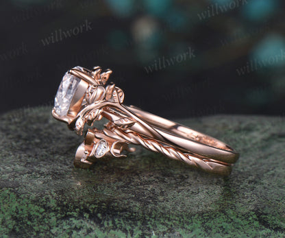 Vintage heart moissanite engagement ring rose gold twig leaf Nature inspired moon diaomnd Celtic knot wedding ring set