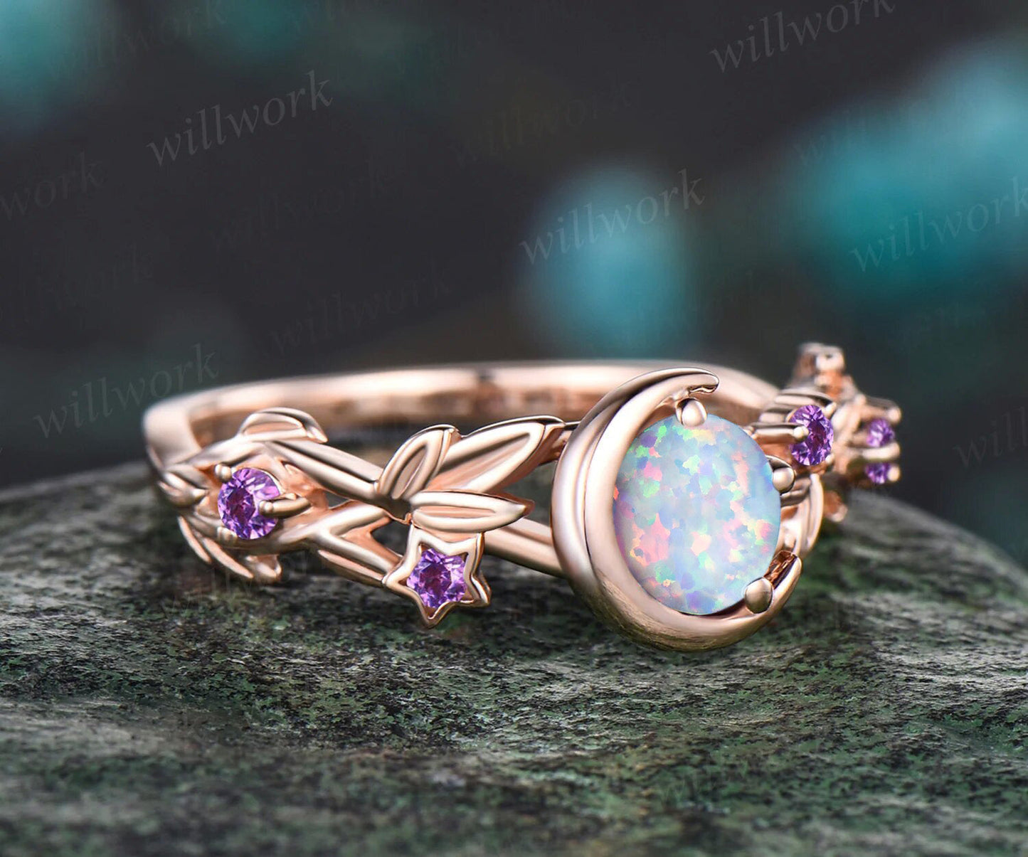 Round Cut Opal October birthstone Engagement Ring Unique Amethyst Moon Star Wedding Ring Leaf Vine Twig Branch Nature Inspired Anniversary Ring Jewelry Gift