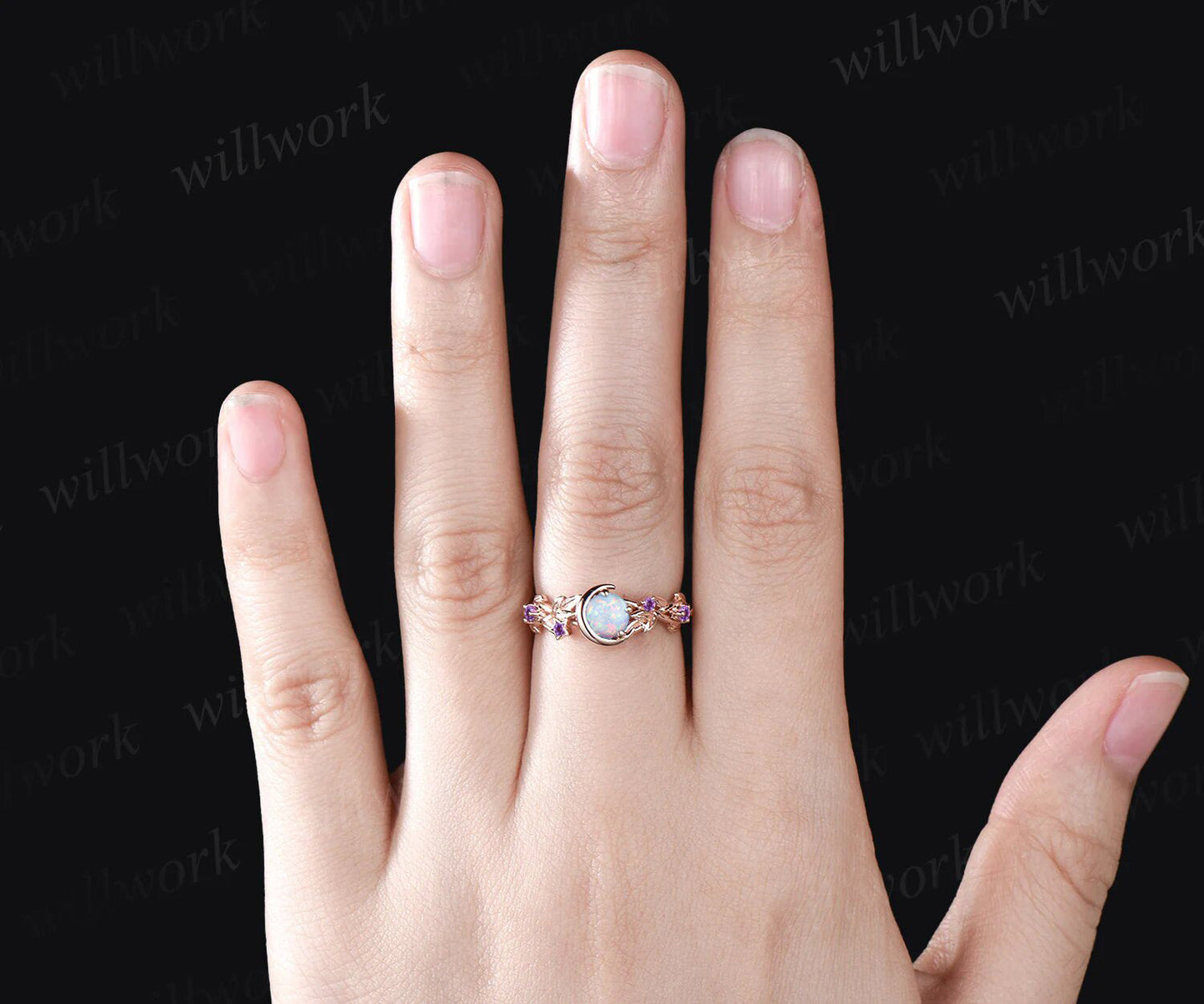 Round Cut Opal October birthstone Engagement Ring Unique Amethyst Moon Star Wedding Ring Leaf Vine Twig Branch Nature Inspired Anniversary Ring Jewelry Gift