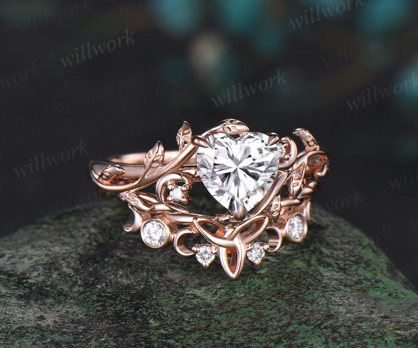Vintage heart moissanite engagement ring rose gold twig leaf Nature inspired moon diaomnd Celtic knot wedding ring set