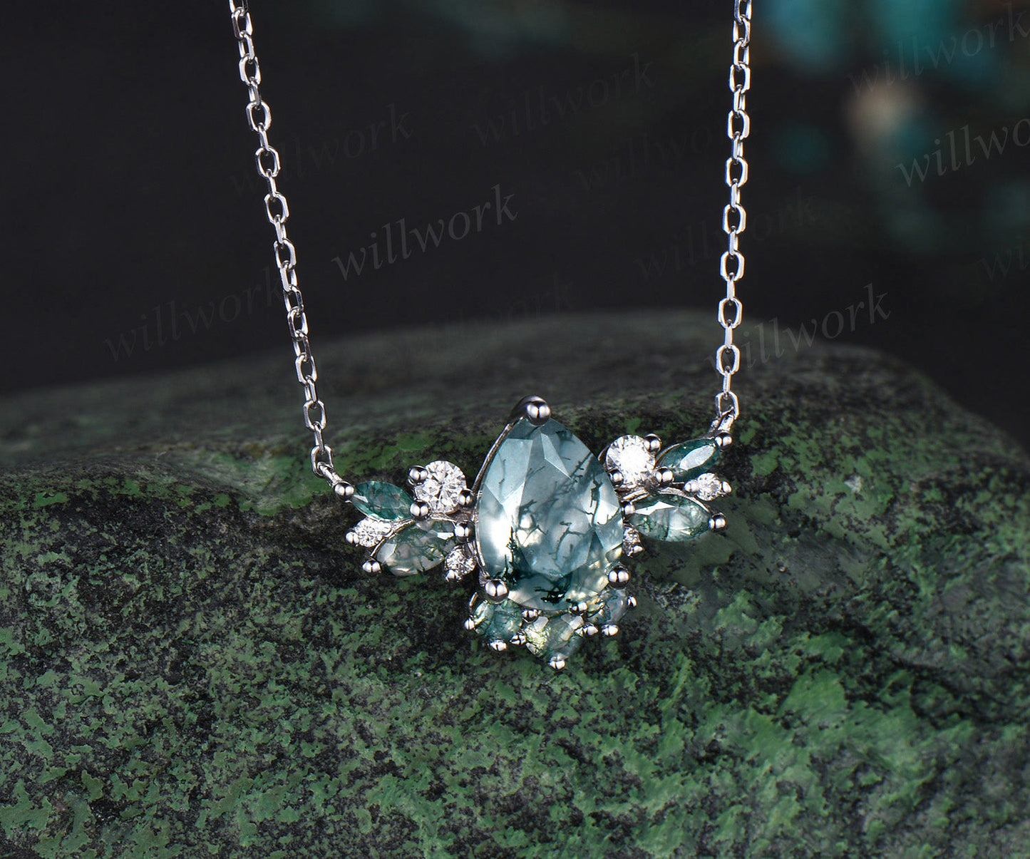 Natural Pear Moss Agate Necklace 14K/18K Rose Gold Green Gemstone Necklace Vintage Cluster Marquise Moss Agate Moissanite Butterfly Pendant