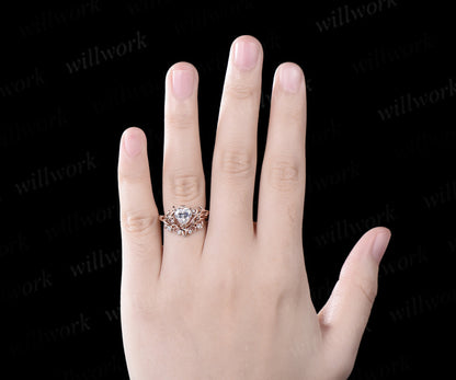 Vintage heart moissanite engagement ring rose gold twig leaf Nature inspired moon diaomnd Celtic knot wedding ring set