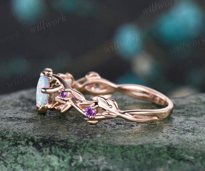 Round Cut Opal October birthstone Engagement Ring Unique Amethyst Moon Star Wedding Ring Leaf Vine Twig Branch Nature Inspired Anniversary Ring Jewelry Gift